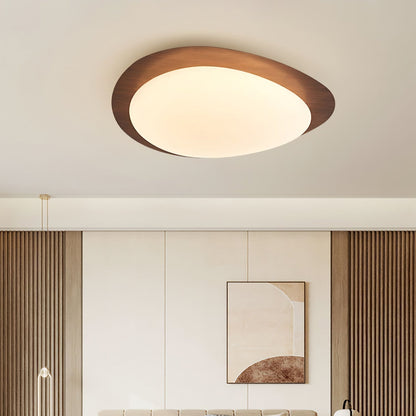 Pebble Shaped LED Flush Mount Ceiling Light Walnut Wood Grain Japandi