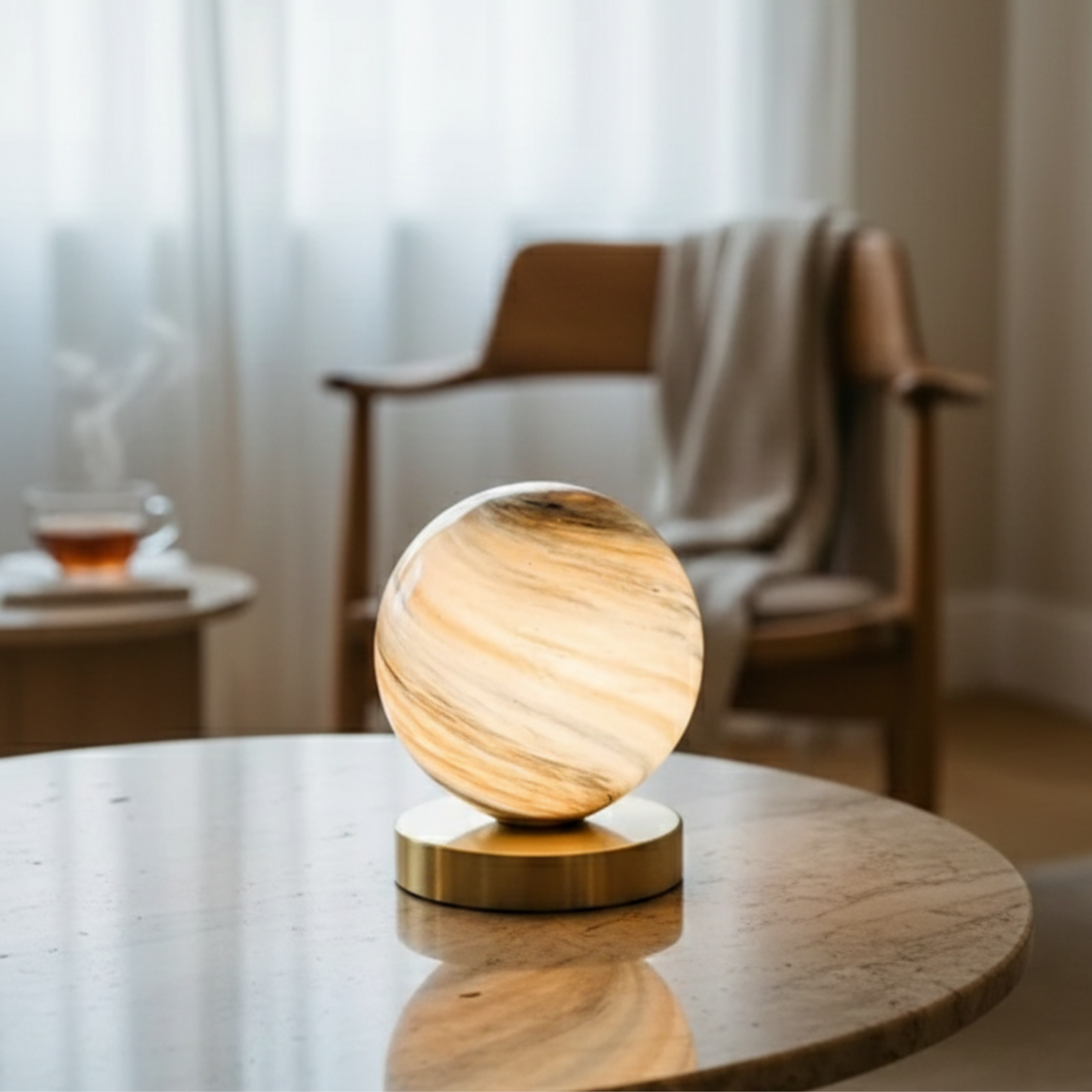 Planet Glass Globe Table Lamp Copper Base Warm White LED Bedside Lamp