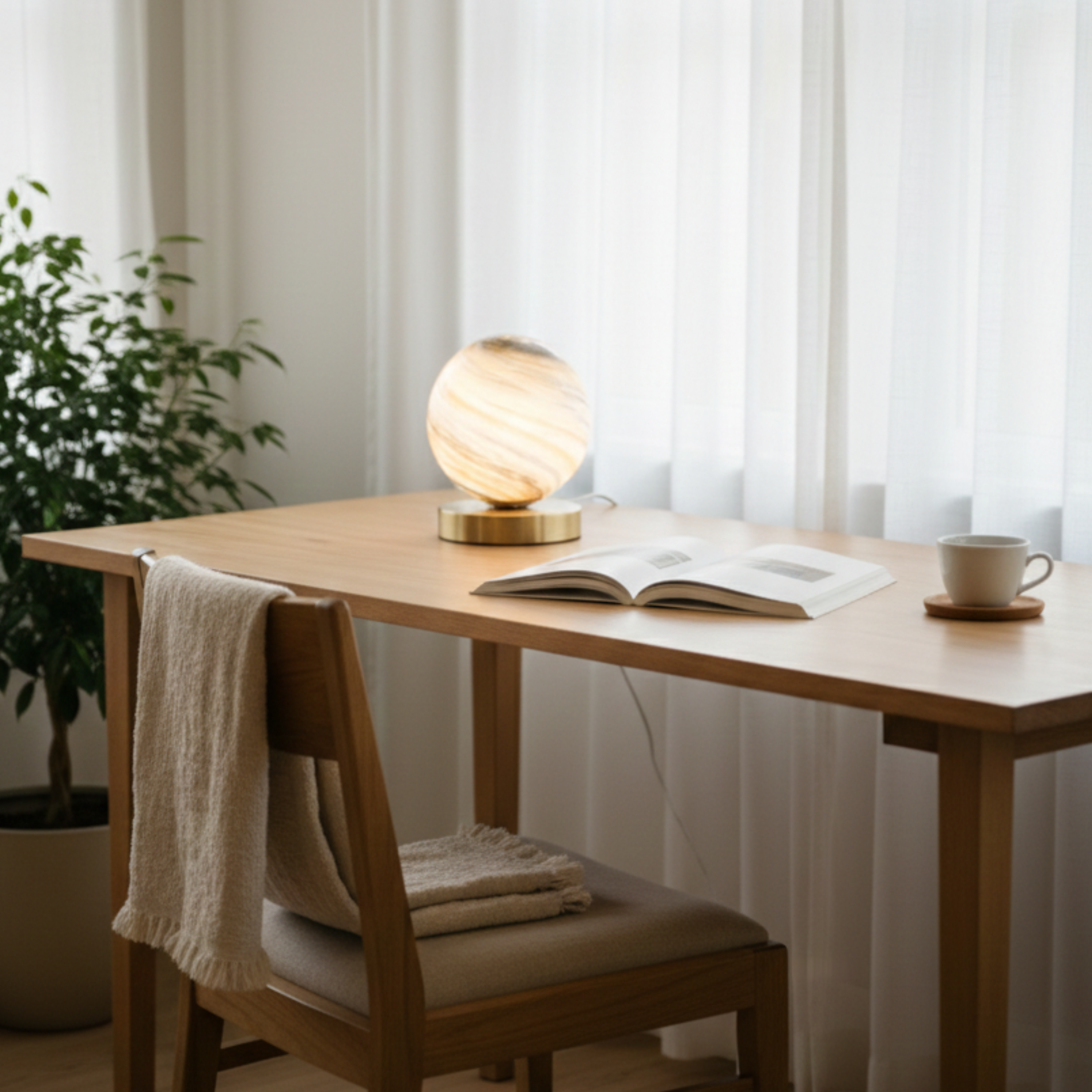 Planet Glass Globe Table Lamp Copper Base Warm White LED Bedside Lamp
