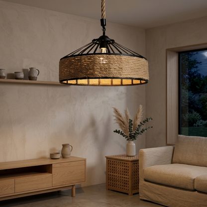 Retro Industrial Hemp Rope Pendant Light With Black Iron Frame