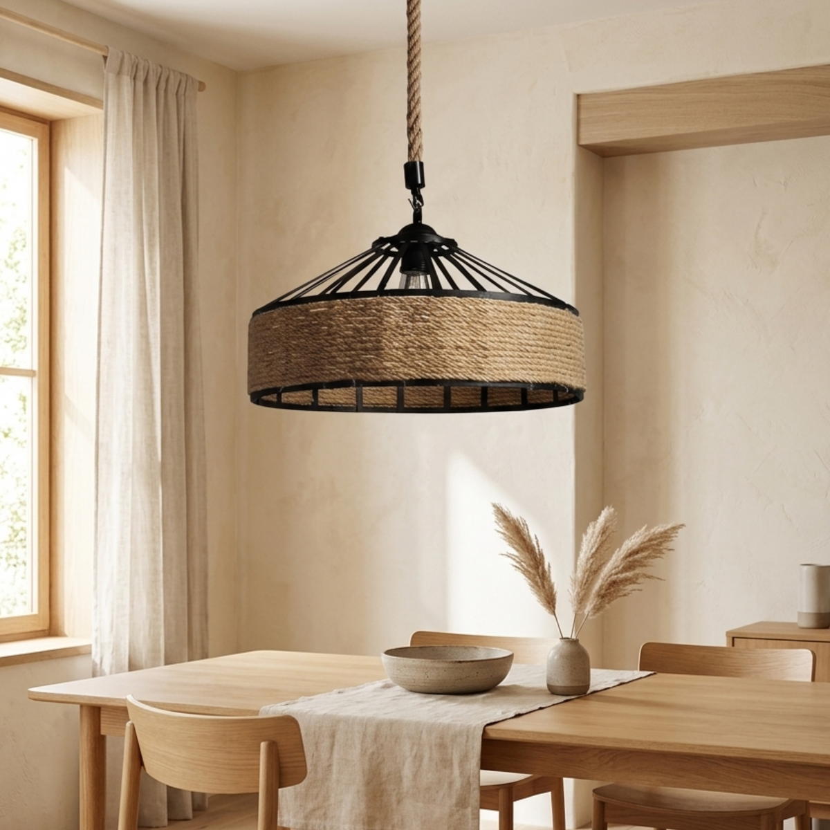 Retro Industrial Hemp Rope Pendant Light With Black Iron Frame