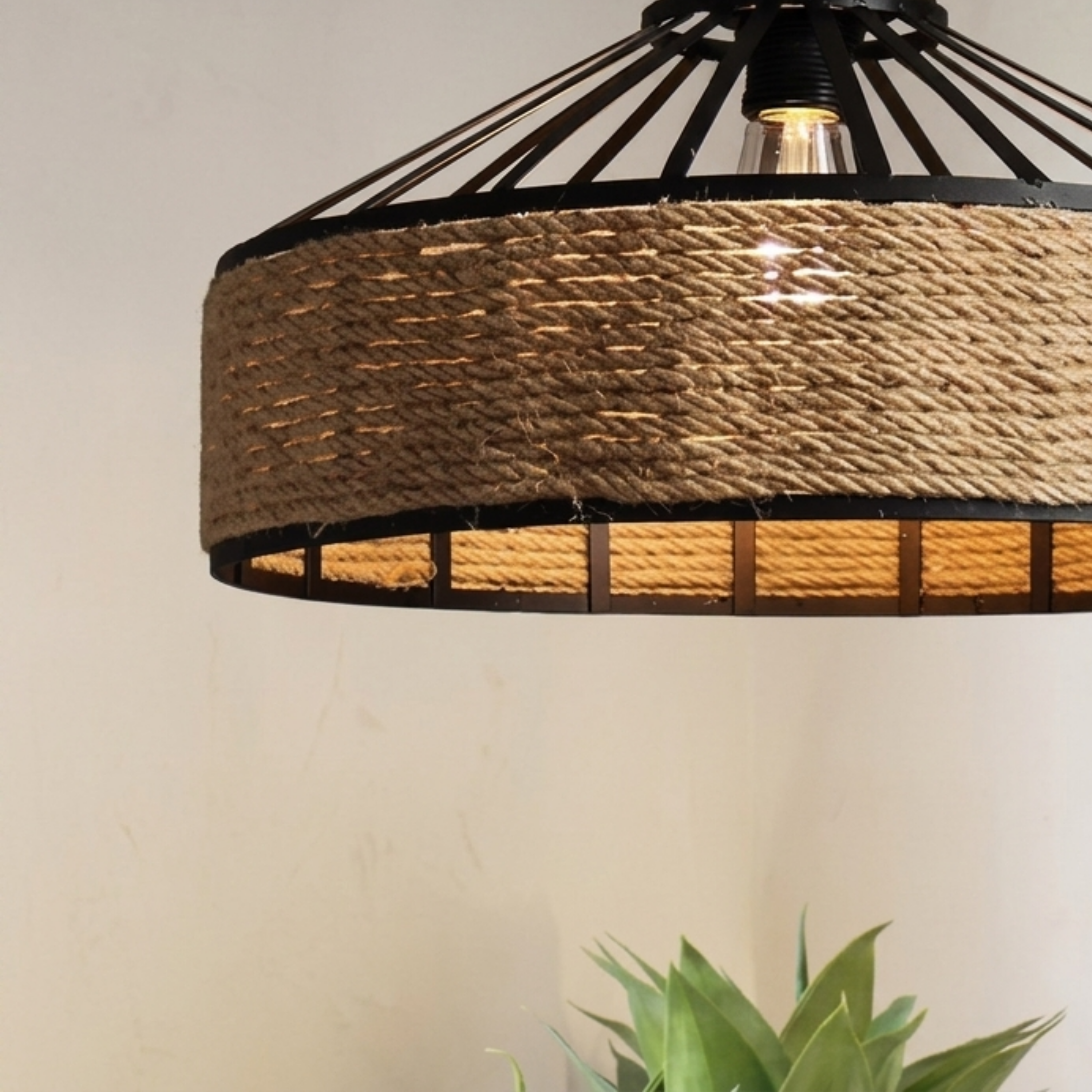 Retro Industrial Hemp Rope Pendant Light With Black Iron Frame