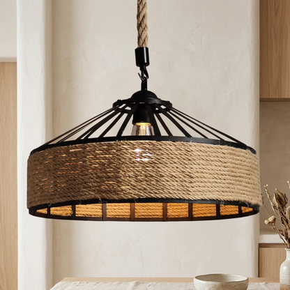 Retro Industrial Hemp Rope Pendant Light With Black Iron Frame