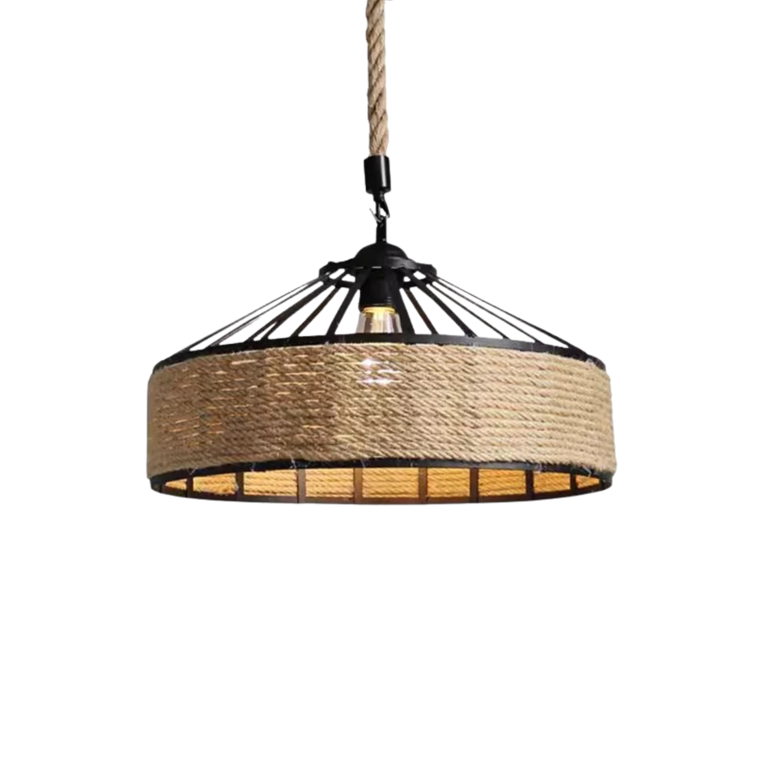 Retro Industrial Hemp Rope Pendant Light With Black Iron Frame