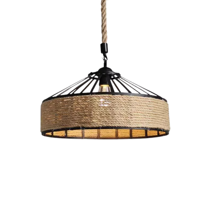 Retro Industrial Hemp Rope Pendant Light With Black Iron Frame