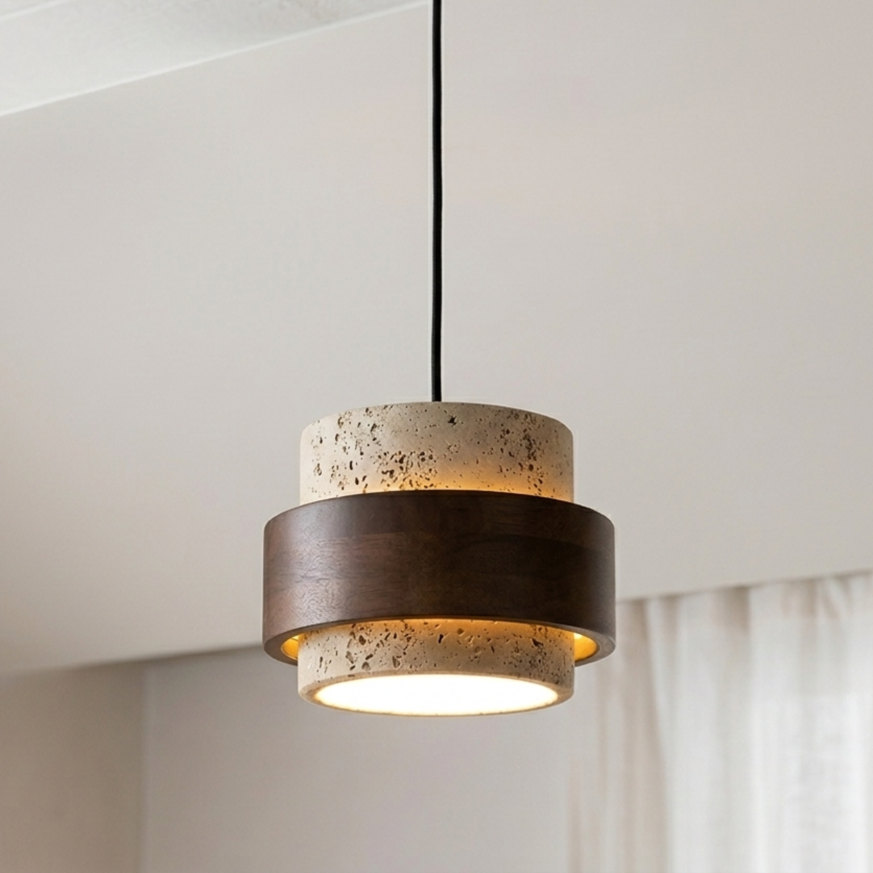 Retro Travertine Stone and Walnut Wood Small Pendant Light