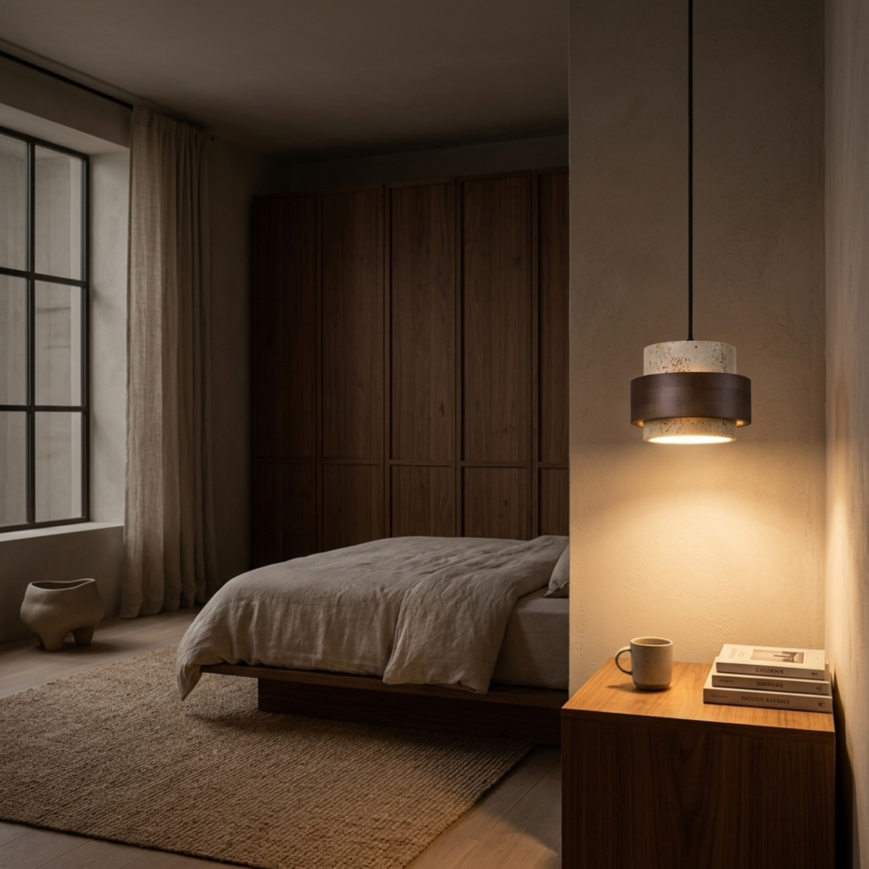 Retro Travertine Stone and Walnut Wood Small Pendant Light