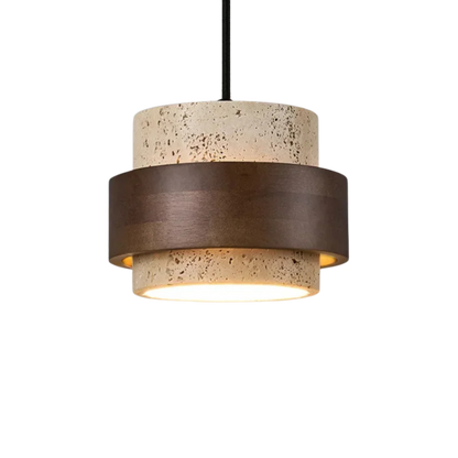 Retro Travertine Stone and Walnut Wood Small Pendant Light