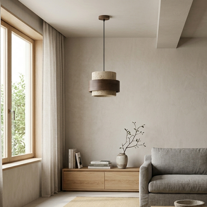Retro Travertine Stone and Walnut Wood Small Pendant Light