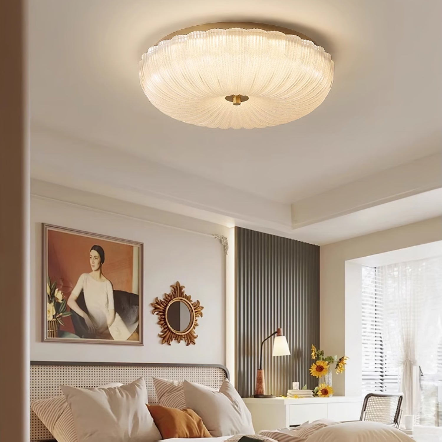 Ribbed Amber Glass Dome Flush Mount Ceiling Light Scalloped Fluted
