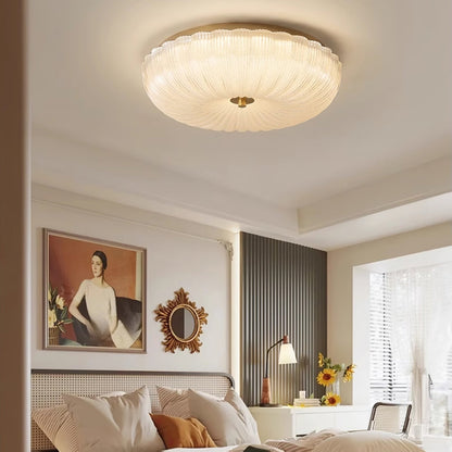 Ribbed Amber Glass Dome Flush Mount Ceiling Light Scalloped Fluted