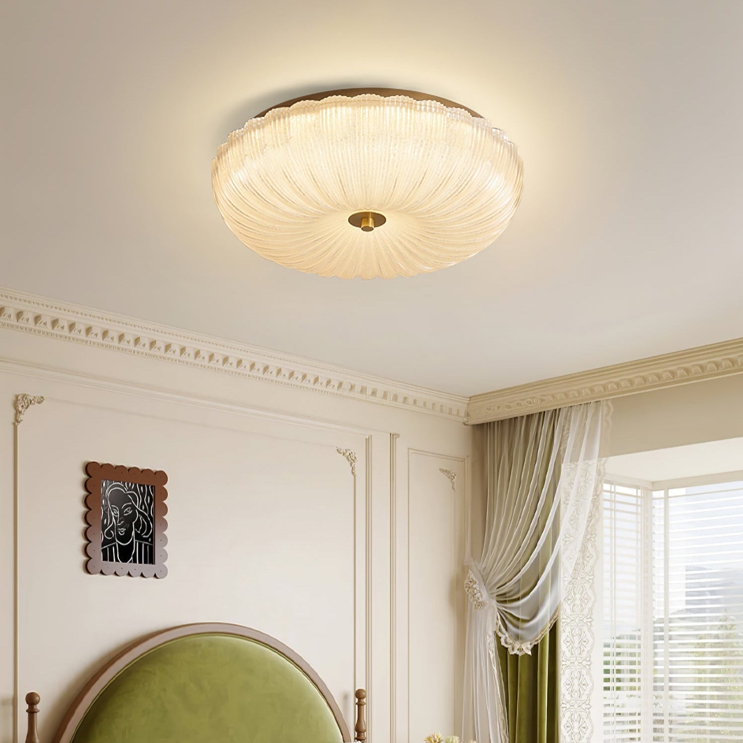 Ribbed Amber Glass Dome Flush Mount Ceiling Light Scalloped Fluted