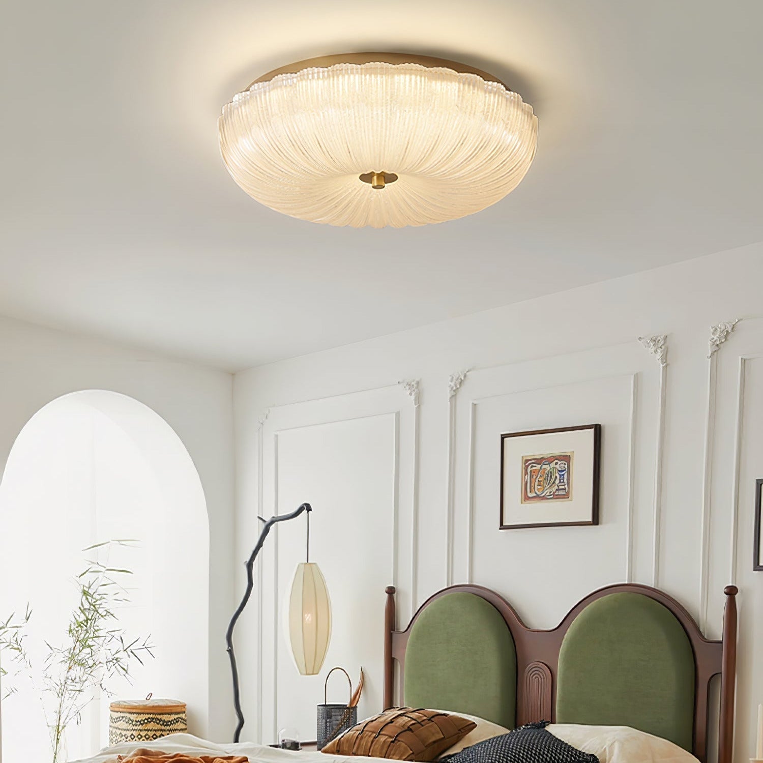 Ribbed Amber Glass Dome Flush Mount Ceiling Light Scalloped Fluted