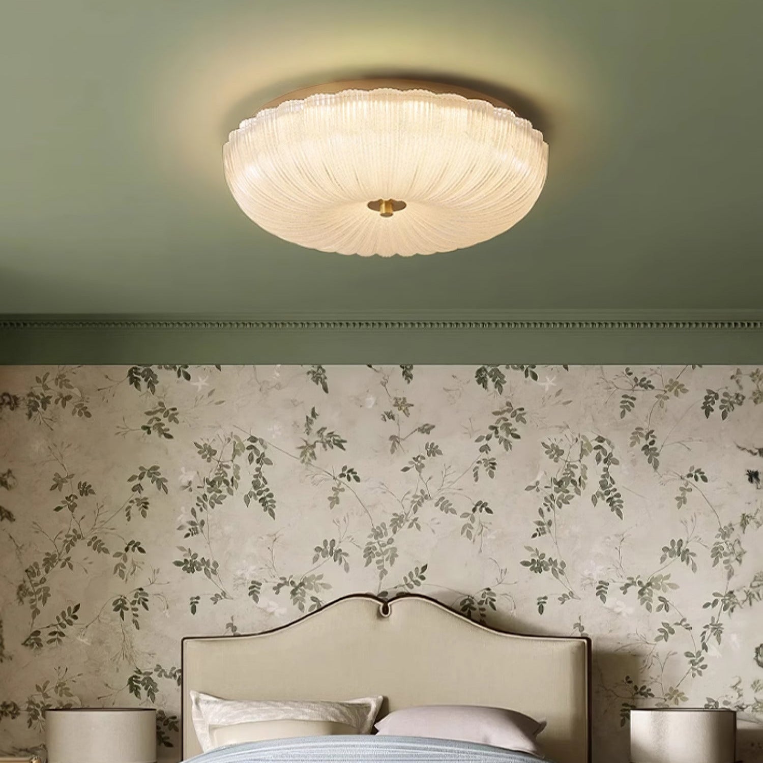Ribbed Amber Glass Dome Flush Mount Ceiling Light Scalloped Fluted