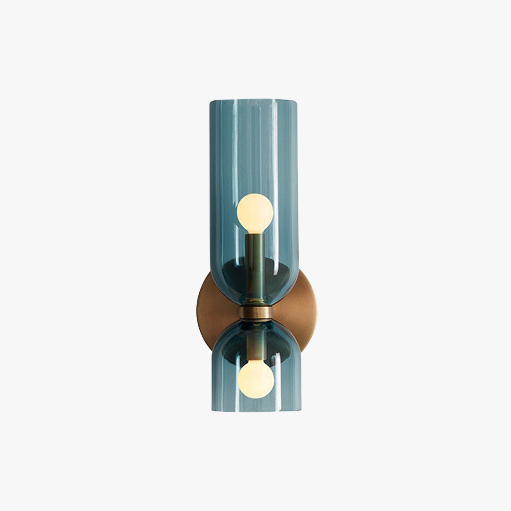 Ribbed Glass Cylindrical Two Light Wall Sconce In Blue Grey And White
