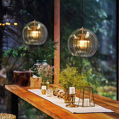 Ribbed Glass Globe Pendant Light With Brass Fitting Clear And Amber
