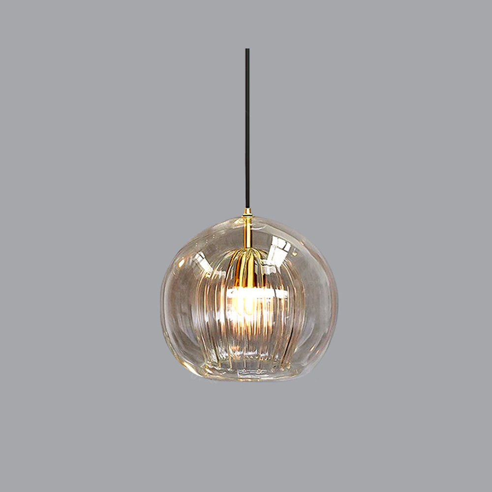 Ribbed Glass Globe Pendant Light With Brass Fitting Clear And Amber