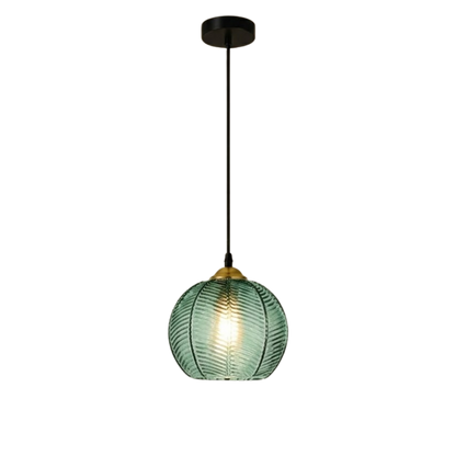 Ribbed Tinted Glass Globe Pendant Light in Amber Green or Smoke Grey