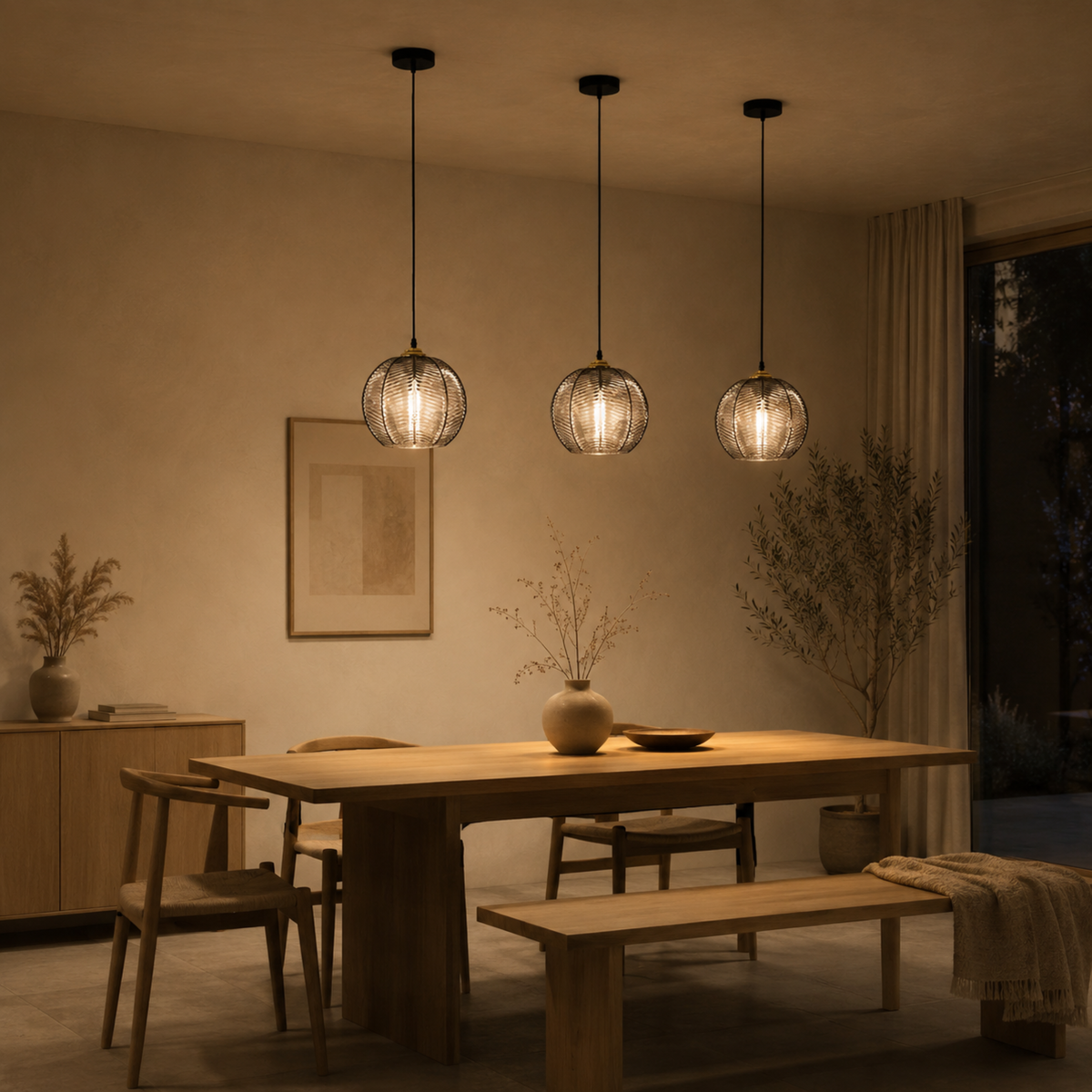 Ribbed Tinted Glass Globe Pendant Light in Amber Green or Smoke Grey