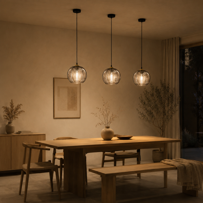 Ribbed Tinted Glass Globe Pendant Light in Amber Green or Smoke Grey