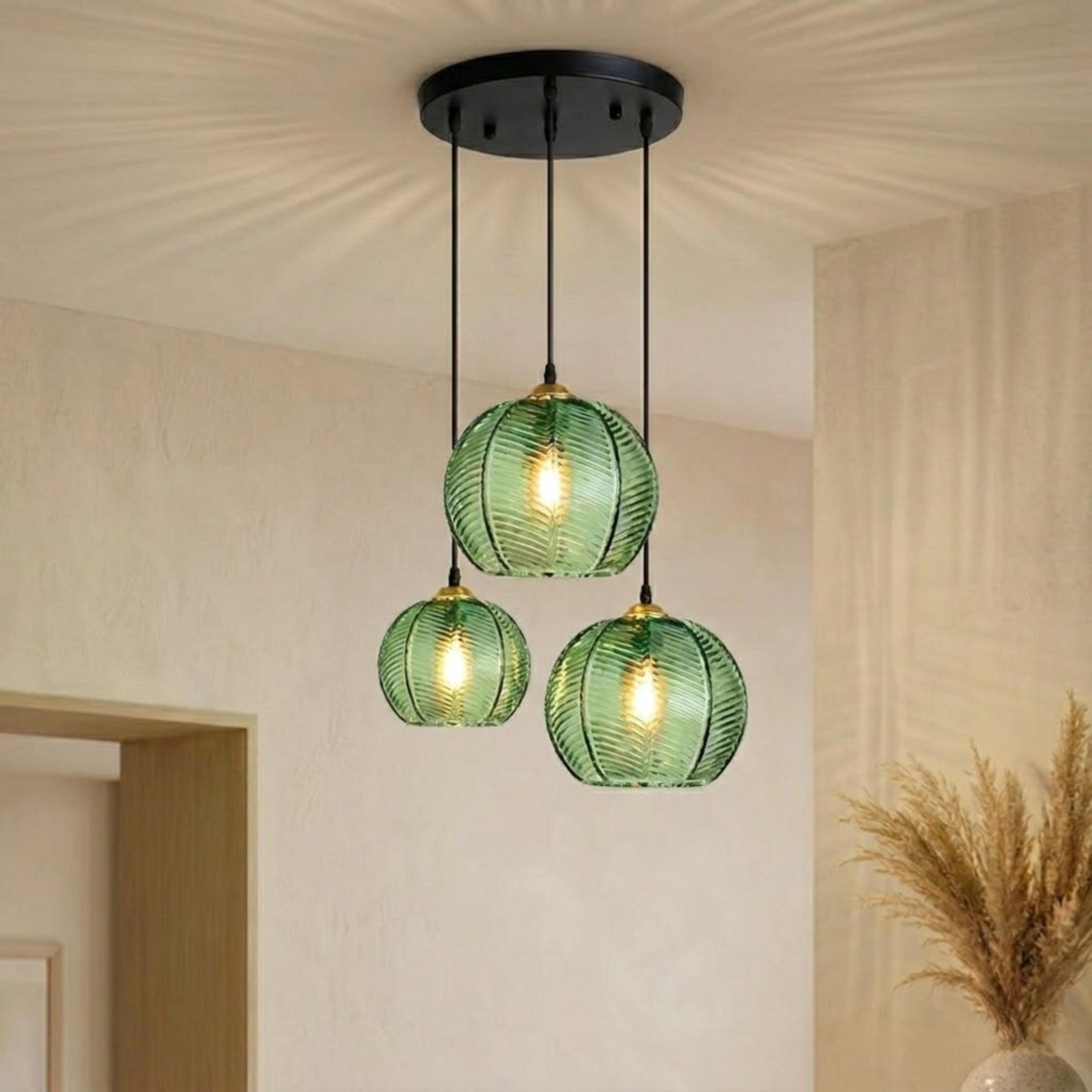 Ribbed Tinted Glass Globe Pendant Light in Amber Green or Smoke Grey