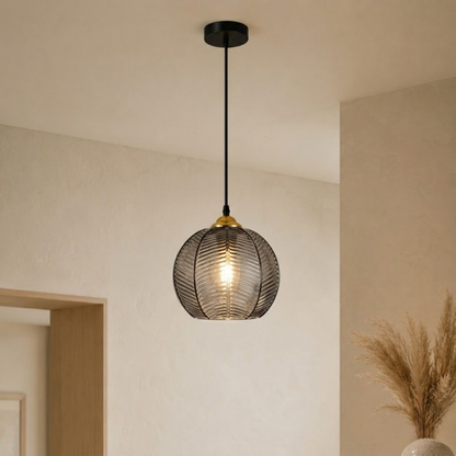 Ribbed Tinted Glass Globe Pendant Light in Amber Green or Smoke Grey