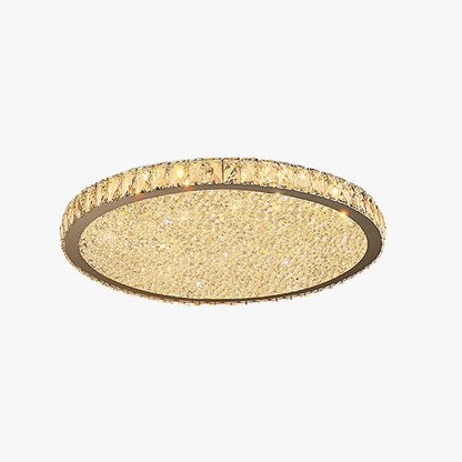 Round Crystal Flush Mount Ceiling Light Gold Faceted LED Bedroom Living Room