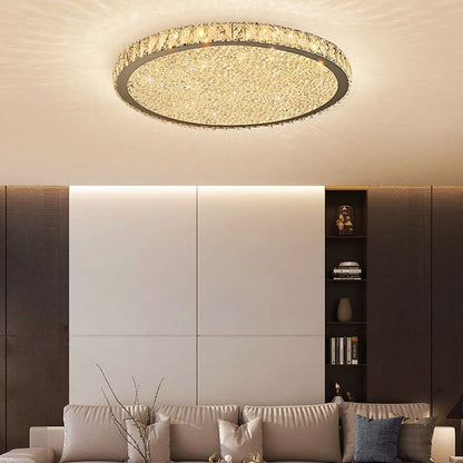 Round Crystal Flush Mount Ceiling Light Gold Faceted LED Bedroom Living Room