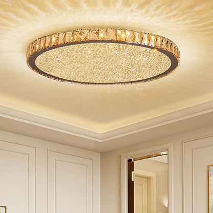 Round Crystal Flush Mount Ceiling Light Gold Faceted LED Bedroom Living Room