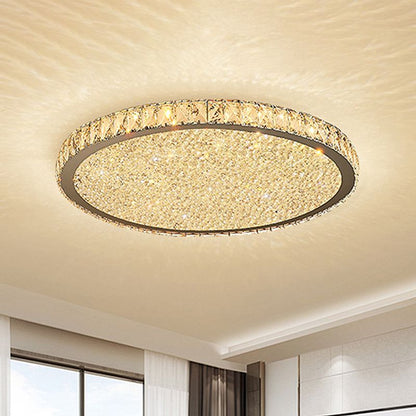 Round Crystal Flush Mount Ceiling Light Gold Faceted LED Bedroom Living Room