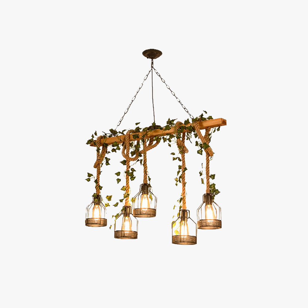 Rustic Vintage Farmhouse Wooden Beam Pendant Light With Caged Metal Lantern Shades