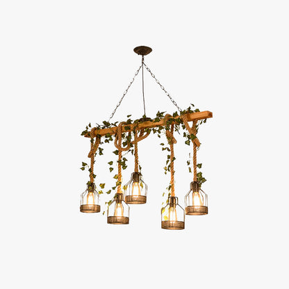 Rustic Vintage Farmhouse Wooden Beam Pendant Light With Caged Metal Lantern Shades