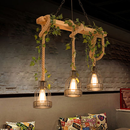 Rustic Vintage Farmhouse Wooden Beam Pendant Light With Caged Metal Lantern Shades