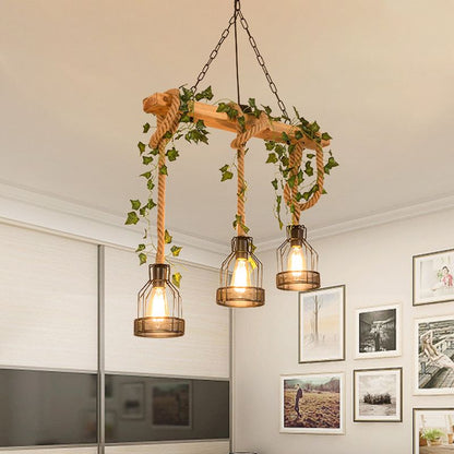 Rustic Vintage Farmhouse Wooden Beam Pendant Light With Caged Metal Lantern Shades