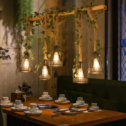 Rustic Vintage Farmhouse Wooden Beam Pendant Light With Caged Metal Lantern Shades