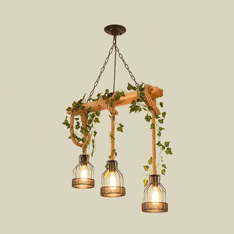Rustic Vintage Farmhouse Wooden Beam Pendant Light With Caged Metal Lantern Shades