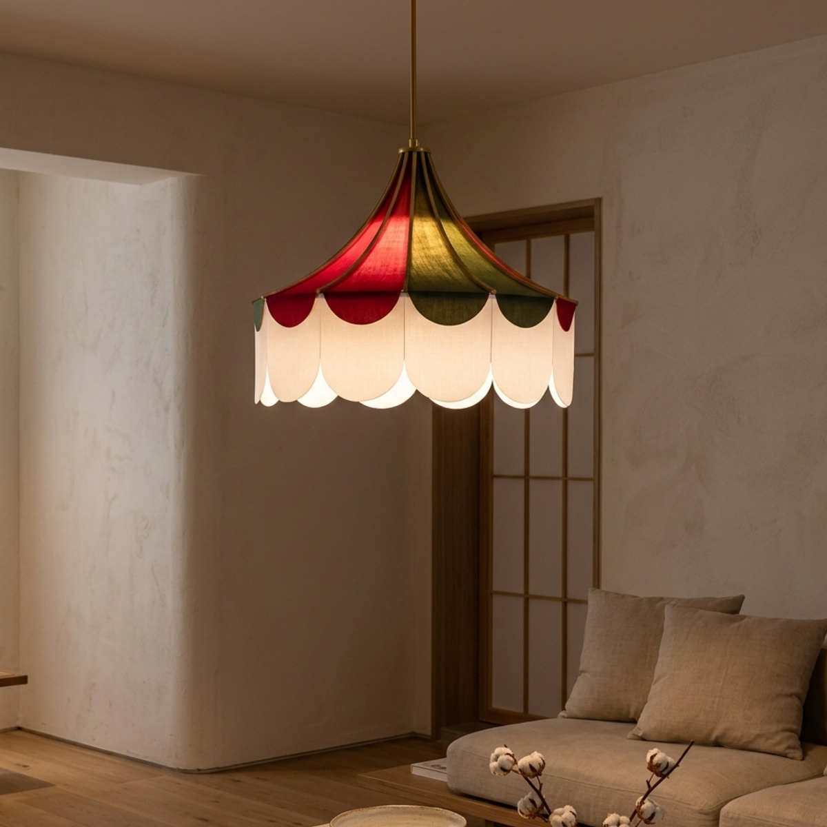 Scalloped Fabric LED Pendant Light With Red And Green Striped Canopy