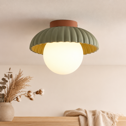 Scalloped Iron and Opal Glass Flush Mount Ceiling Light