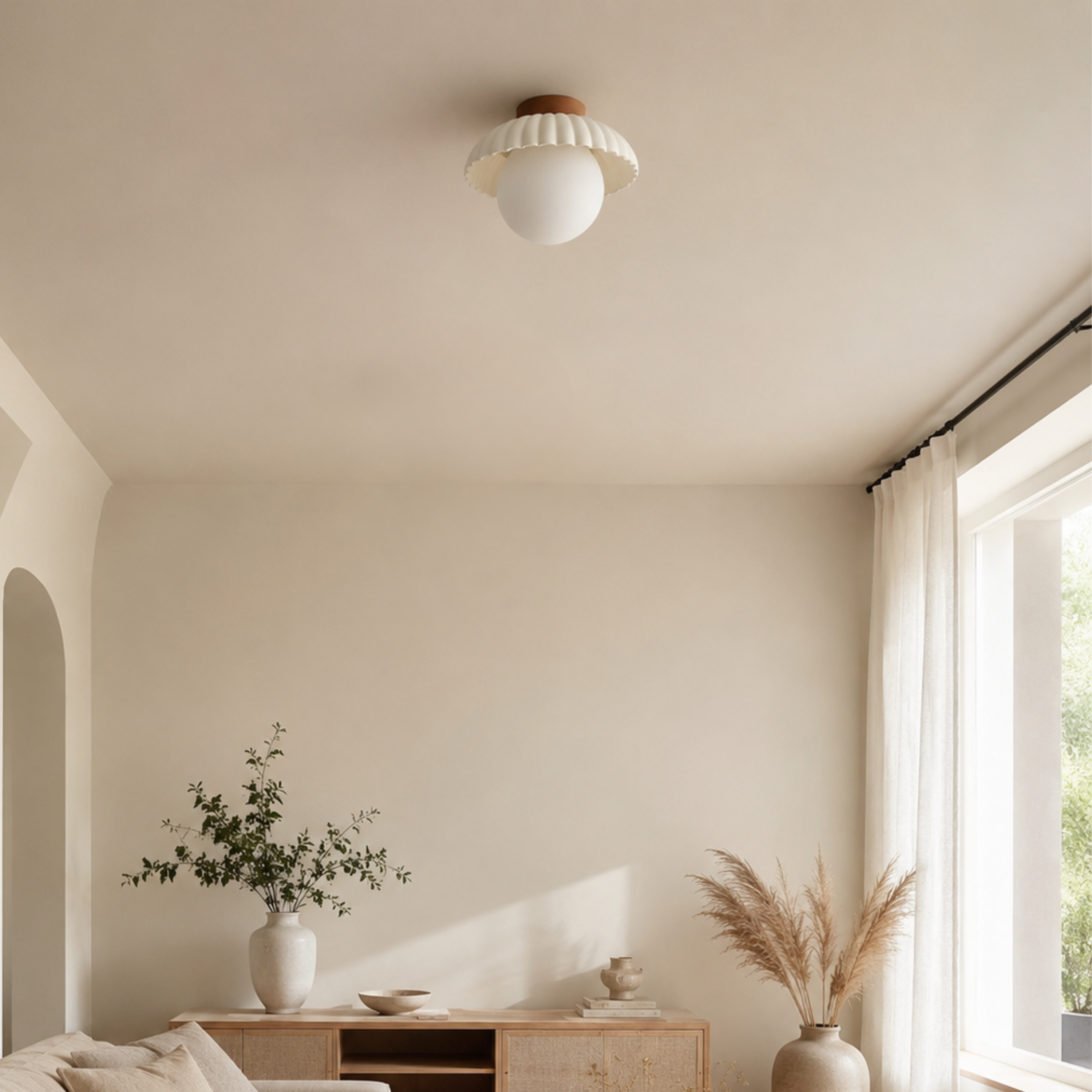 Scalloped Iron and Opal Glass Flush Mount Ceiling Light