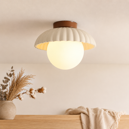 Scalloped Iron and Opal Glass Flush Mount Ceiling Light