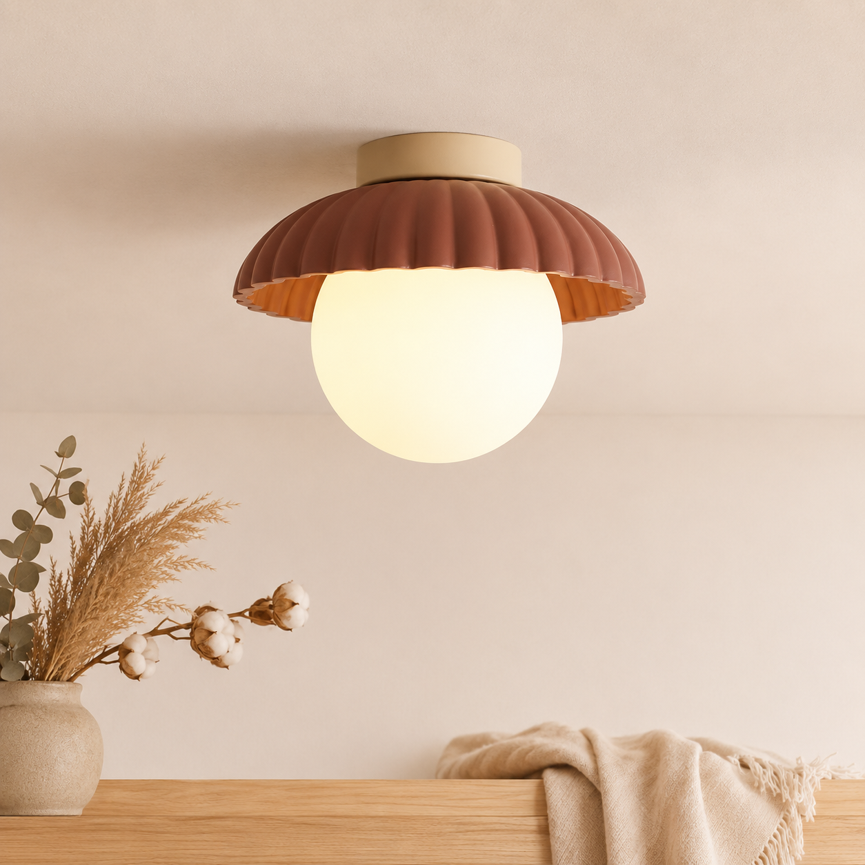 Scalloped Iron and Opal Glass Flush Mount Ceiling Light
