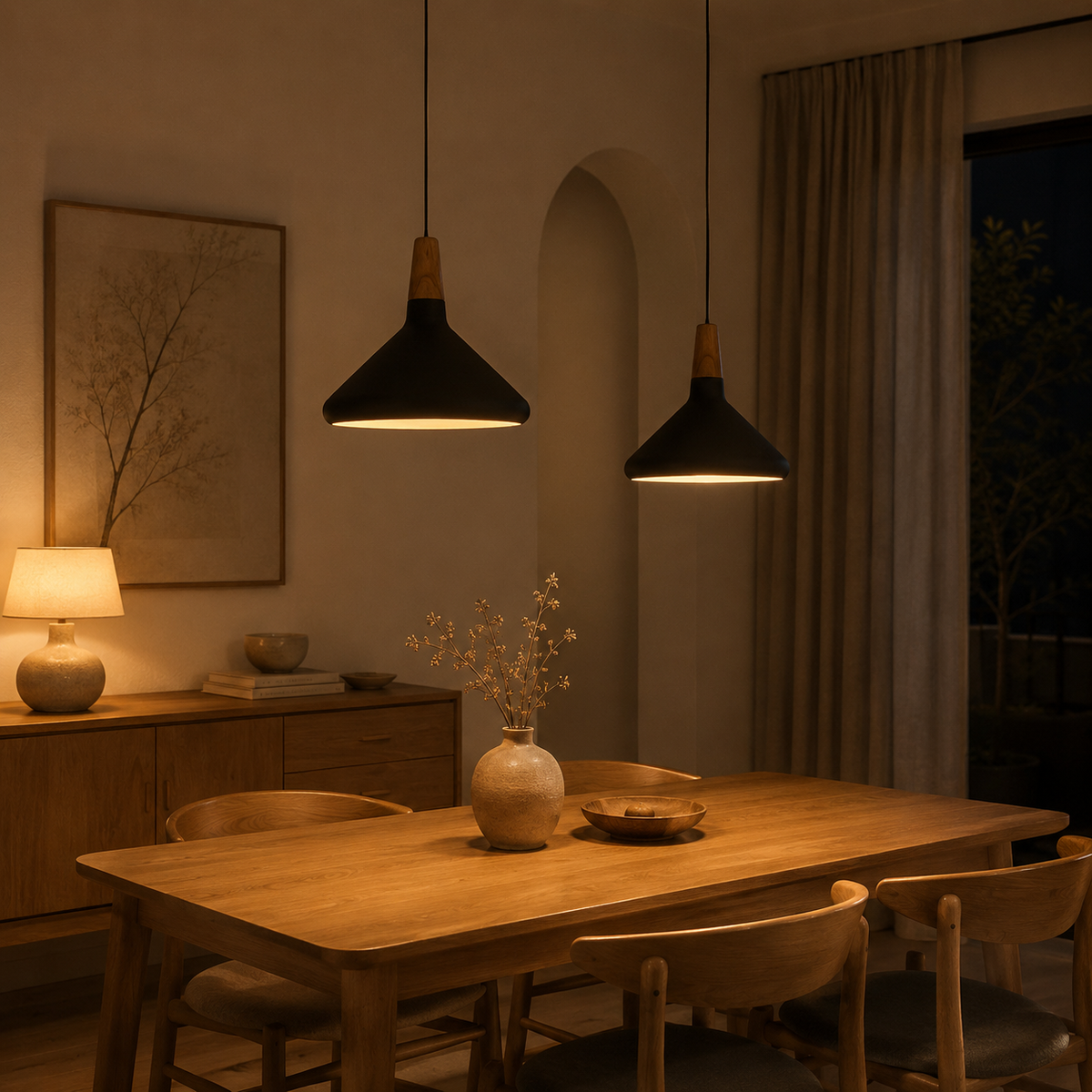 Scandi Wood Tone Top Cone Pendant Light Aluminium LED Ceiling Light
