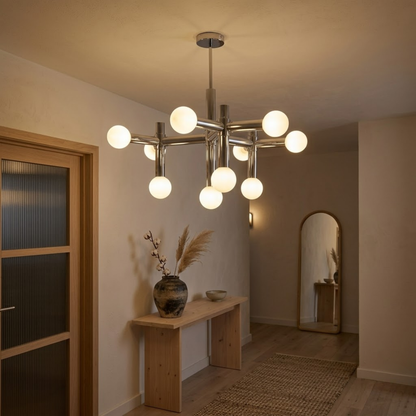 Scandinavian Chrome Multi Arm Opal Globe LED Ceiling Light