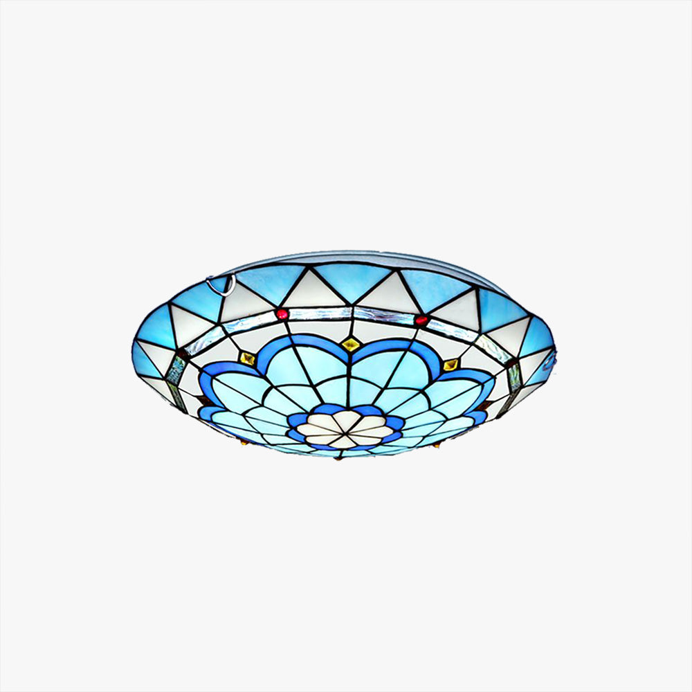 Stained Glass Dome Flush Mount Ceiling Light Blue Floral Vintage