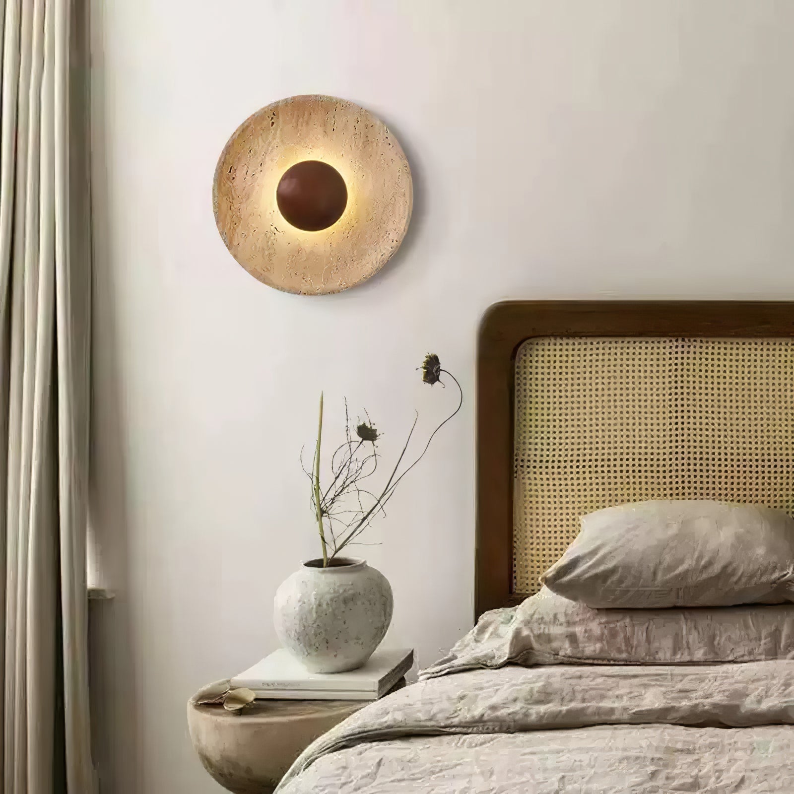 Travertine Round Disc Wall Light Wood Sphere Modern Sconce