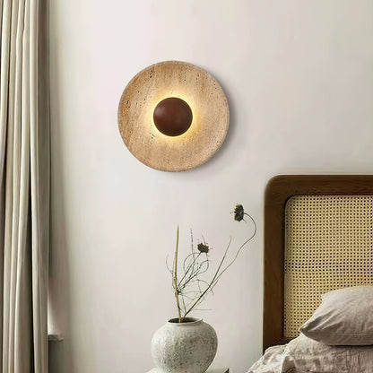Travertine Round Disc Wall Light Wood Sphere Modern Sconce