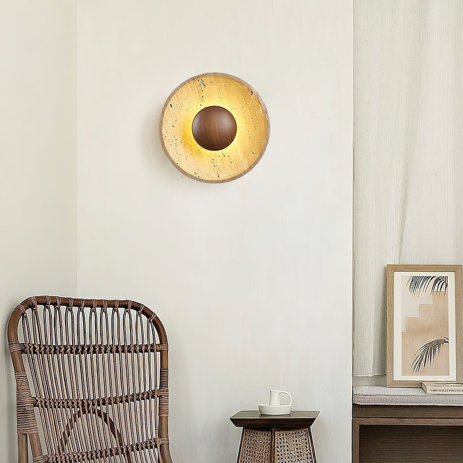 Travertine Round Disc Wall Light Wood Sphere Modern Sconce