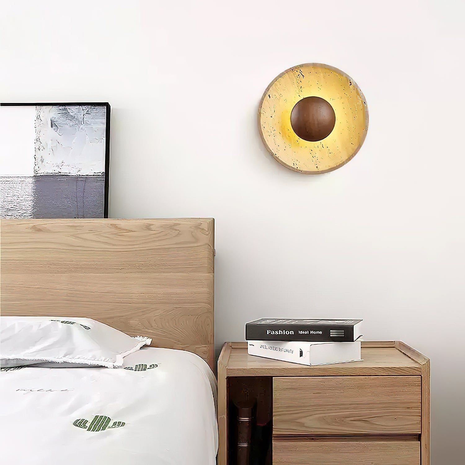 Travertine Round Disc Wall Light Wood Sphere Modern Sconce