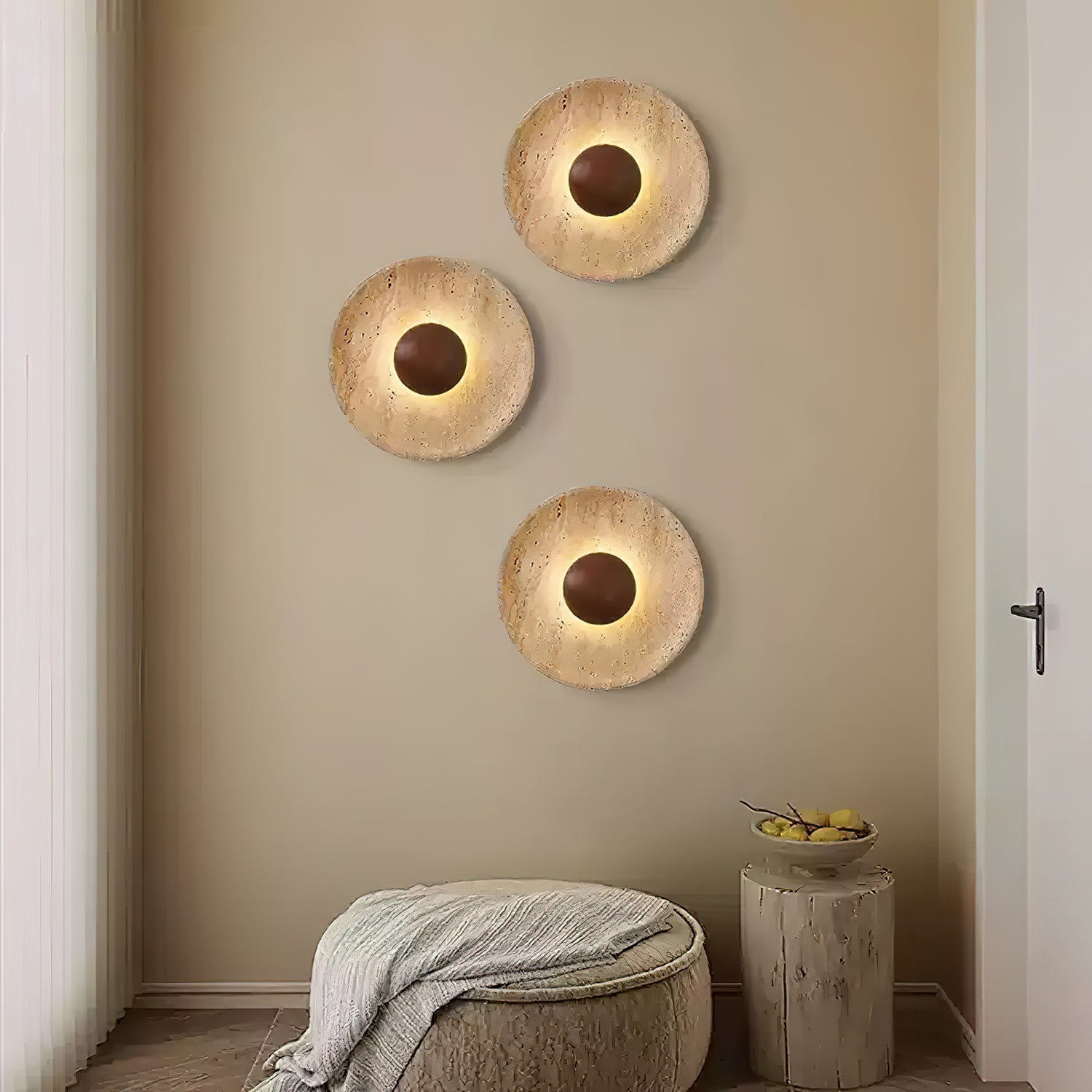 Travertine Round Disc Wall Light Wood Sphere Modern Sconce