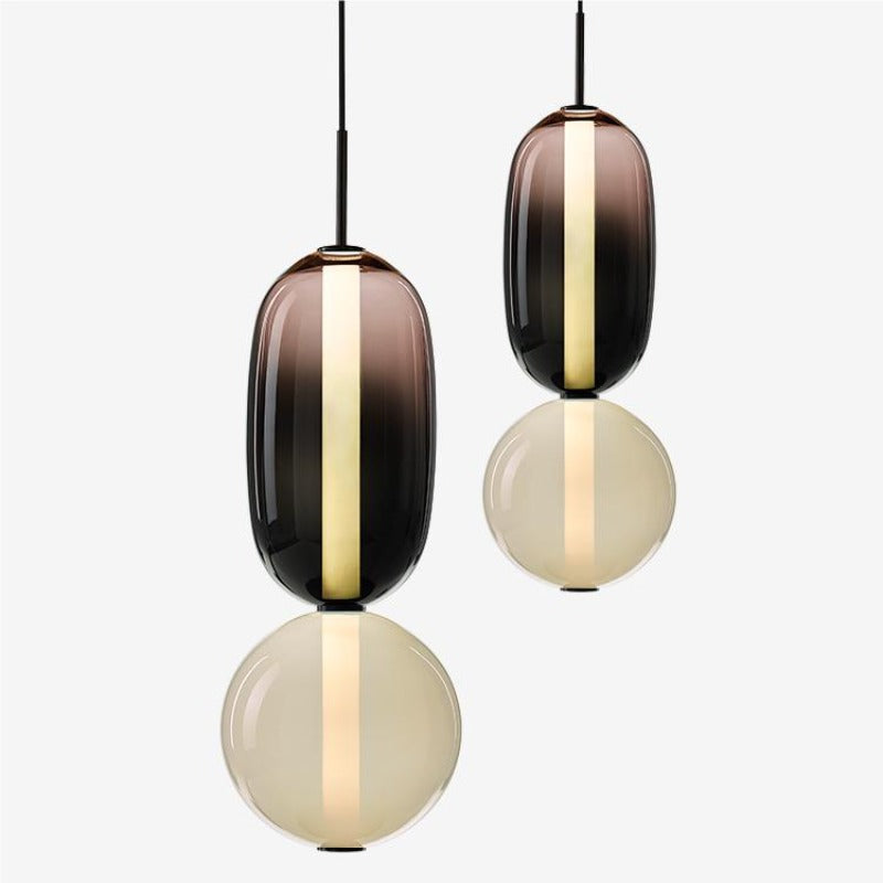 Two Tone Glass Pebble Pendant Light Amber Cream Stacked Shades Brass